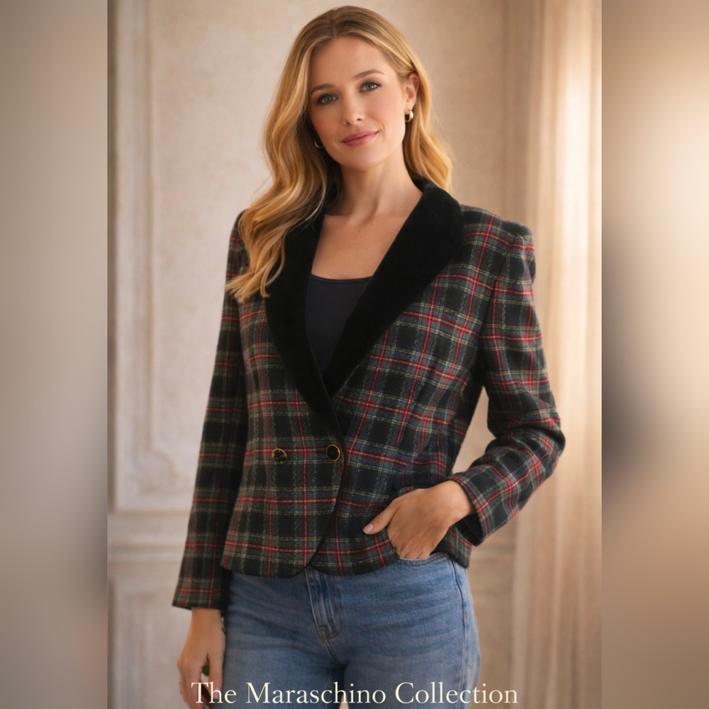 Pendleton Vintage Plaid Wool Blazer Velvet Lapels | 8 Petite
